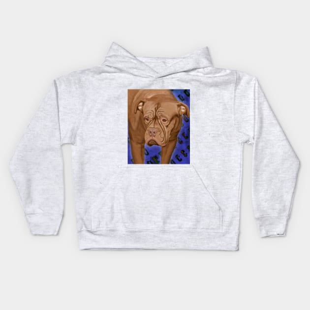 Dogue de Bordeaux on Blue Urban Background Kids Hoodie by ibadishi